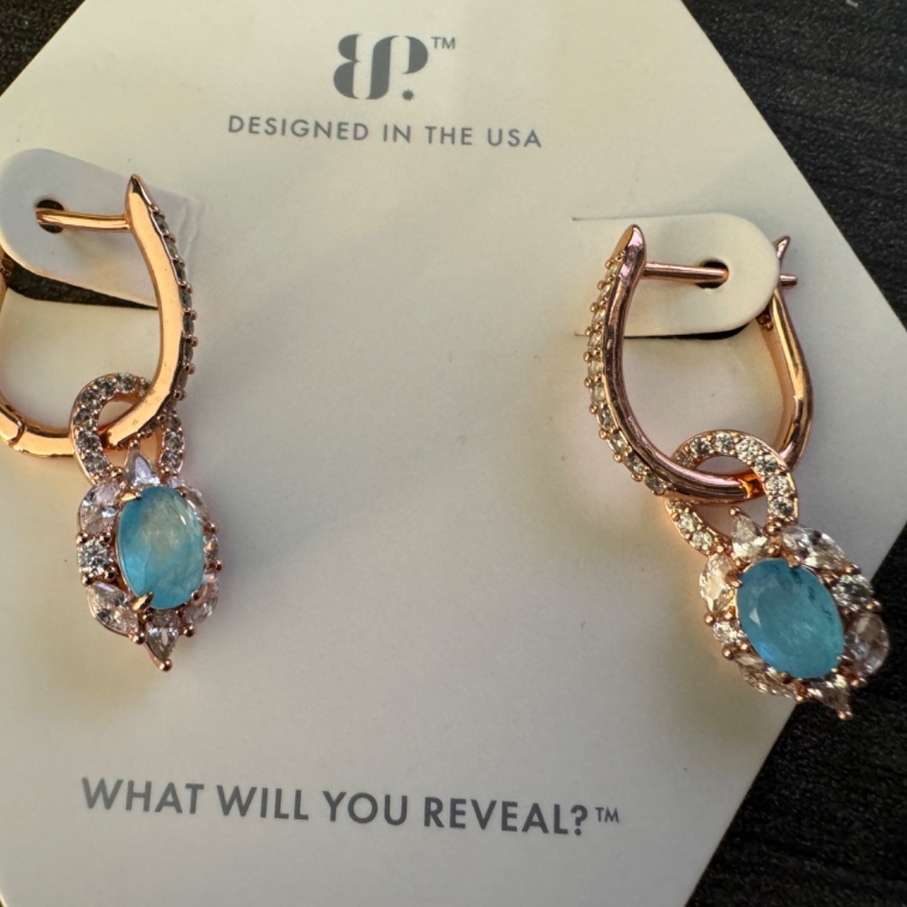 Bomb Party Rose Gold Aqua Stone Earrings Hoops Cubic Zirconia